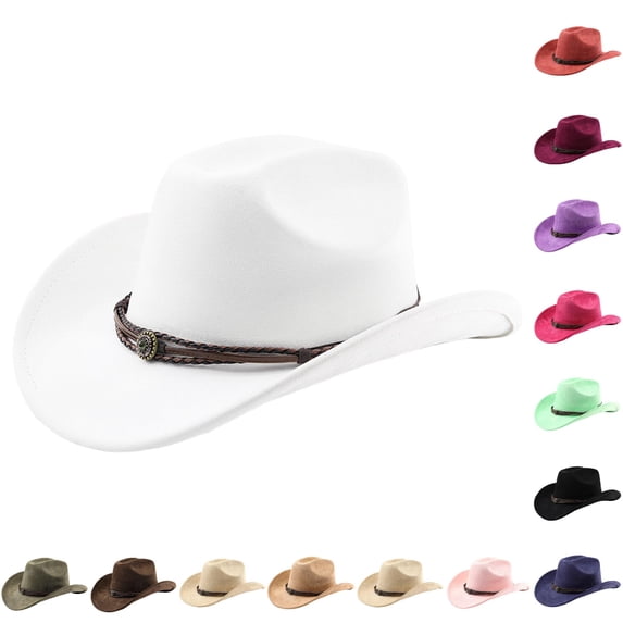 Zijinkuiwen Unisex Suede Cowboy Hat with Braided Leather Rope Ornament Band Wide Brim for Western Themed Party Cosplay Country Music Festival Gathering,White,One Size