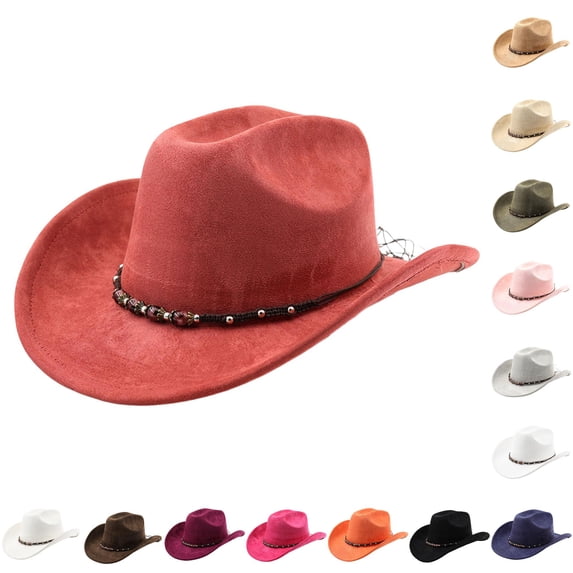 Zijinkuiwen Unisex Suede Cowboy Hat with Mixed Beaded Woven Band Decor Wide Brim for Western Themed Party Cosplay Country Music Festival Gathering,Brick Red,One Size