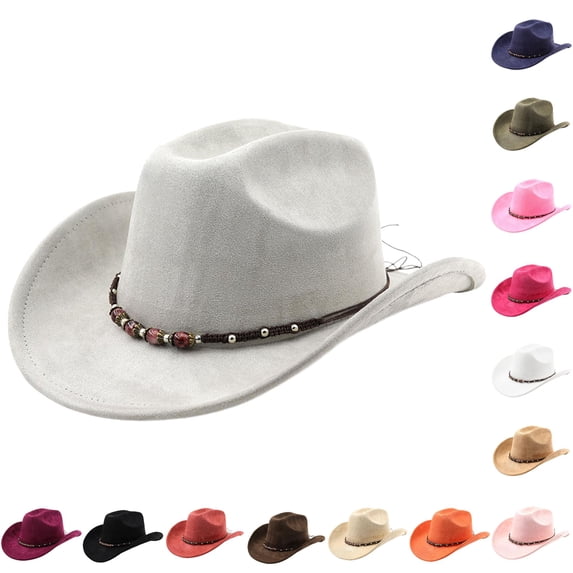 Zijinkuiwen Unisex Suede Cowboy Hat with Mixed Beaded Woven Band Decor Wide Brim for Western Themed Party Cosplay Country Music Festival Gathering,Grey,One Size
