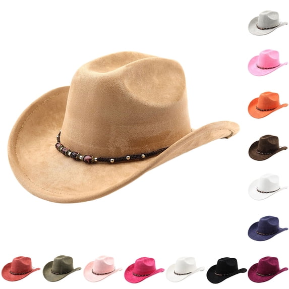 Zijinkuiwen Unisex Suede Cowboy Hat with Mixed Beaded Woven Band Decor Wide Brim for Western Themed Party Cosplay Country Music Festival Gathering,Khaki,One Size