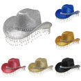 thumbnail image 1 of Zijinkuiwen Unisex Glitter Cowboy Hat with Fringe Rhinestone Tassel Chain Band Wide Brim for Western Themed Party Cosplay Country Music Festival Gathering,Silver,One Size, 1 of 4