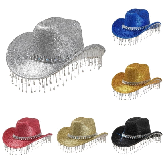 Zijinkuiwen Unisex Glitter Cowboy Hat with Fringe Rhinestone Tassel Chain Band Wide Brim for Western Themed Party Cosplay Country Music Festival Gathering,Silver,One Size