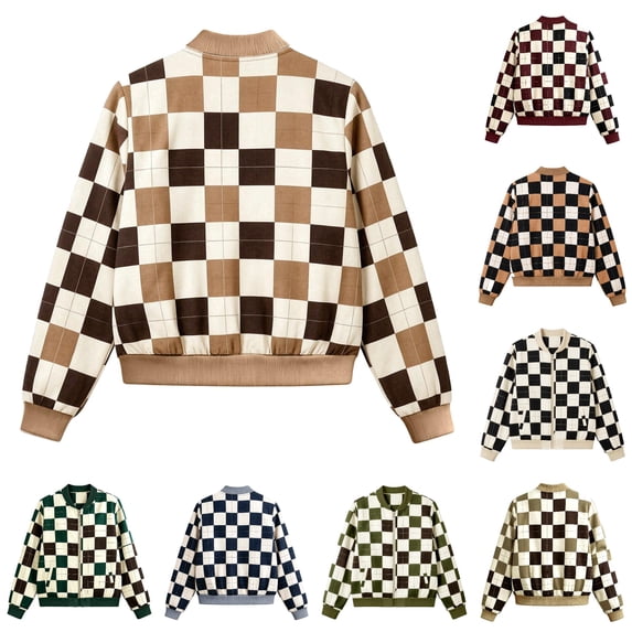 Zijinkuiwen Women Checkered Print Bomber Jacket Zip Up Long Sleeve Ribbed Trim Outerwear for Casual Daily Wear