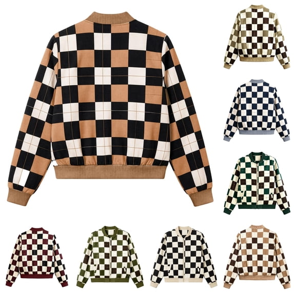 Zijinkuiwen Women Checkered Print Bomber Jacket Zip Up Long Sleeve Ribbed Trim Outerwear for Casual Daily Wear
