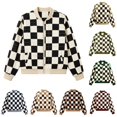 thumbnail image 1 of Zijinkuiwen Women Checkered Print Bomber Jacket Zip Up Long Sleeve Ribbed Trim Outerwear for Casual Daily Wear, 1 of 6