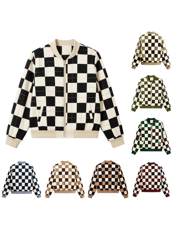 Women Checkered Print Bomber Jacket Zip Up Long Sleeve Ribbed Trim Outerwear for Casual Daily Wear