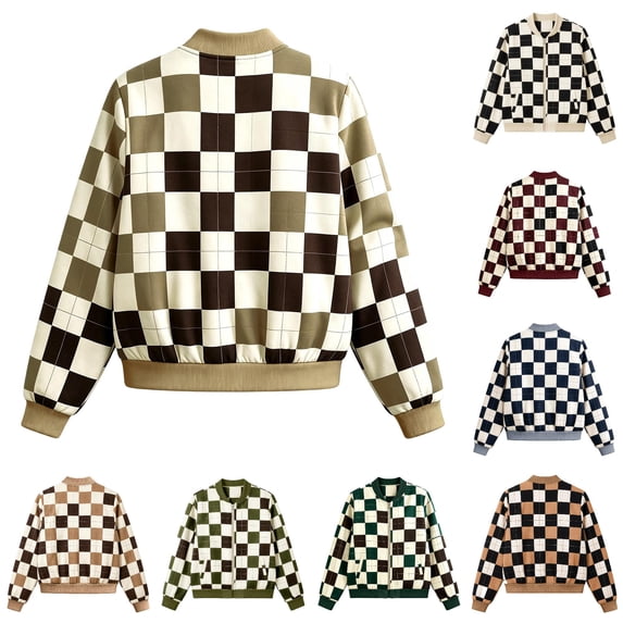 Zijinkuiwen Women Checkered Print Bomber Jacket Zip Up Long Sleeve Ribbed Trim Outerwear for Casual Daily Wear
