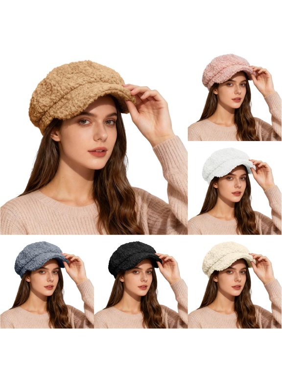 Women Shearling Newsboy Cap with Curved Brim Warm Flap Winter Cabbie Hat for Outdoor Daily Cold Weather Wear