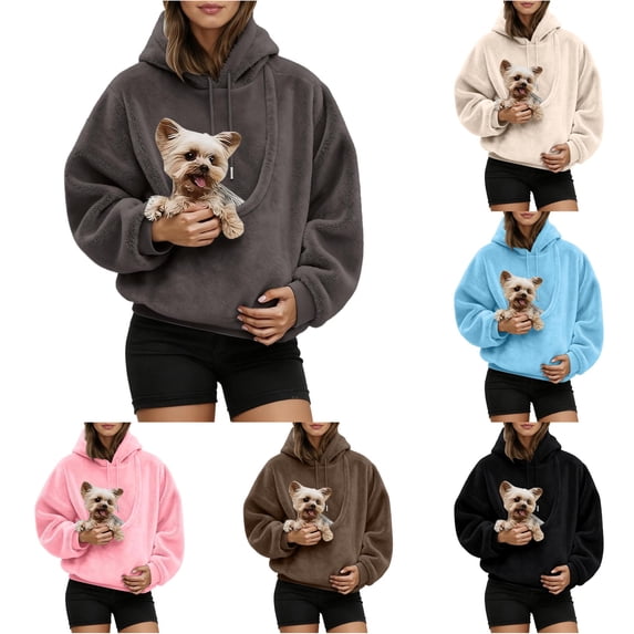 Zijinkuiwen Women Fuzzy Sherpa Pet Pouch Hoodie Soft Drawstring Long Sleeve Pullover Sweatshirt for Small Dogs Puppies Daily Wear Outdoor Walking Travel,3Dark Gray,XXL