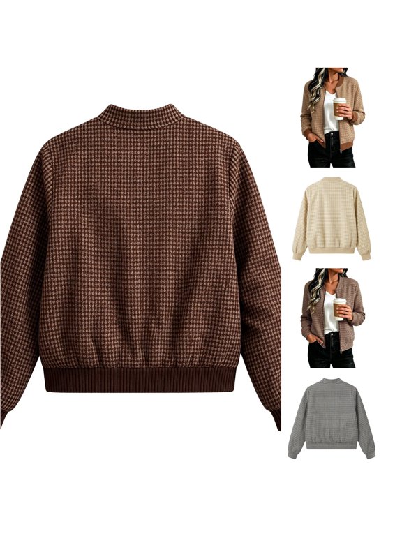 Women Gingham Print Bomber Jacket Zip Up Long Sleeve Ribbed Trim Outerwear for Casual Daily Outing