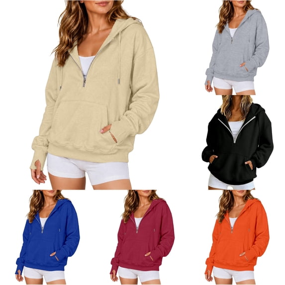 Zijinkuiwen Women Half Zip Hoodie with Thumb Hole Drawstring Kangaroo ...