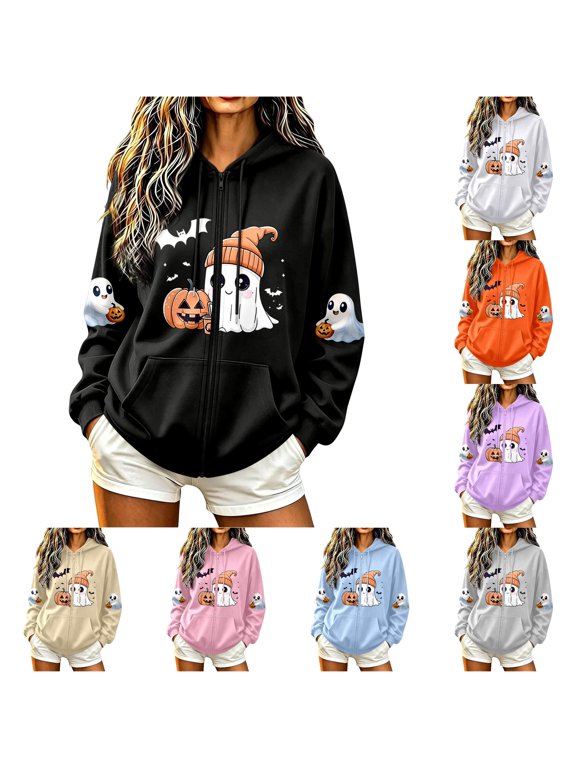 Women Halloween Cute Ghost Pumpkin Bat Print Zip Up Hooded Jacket with Kangaroo Pocket Long Sleeve for Holiday Casual Outfit,S