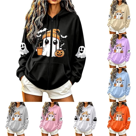 Zijinkuiwen Women Halloween Cute Ghost Pumpkin Coffee Bat Print Zip Up