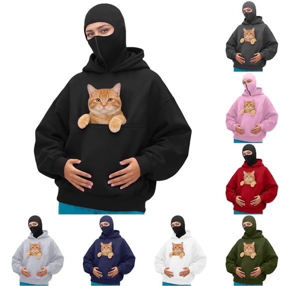 Zijinkuiwen Women Hood Pet Pouch Hoodie Soft Drawstring Long Sleeve Pullover Sweatshirt for Small Cats Kittens Daily Wear Outdoor Walking Travel,Black,XXL