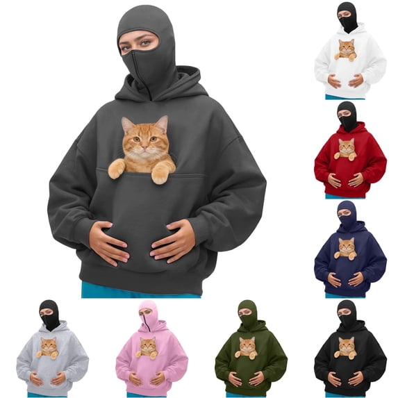Zijinkuiwen Women Hood Pet Pouch Hoodie Soft Drawstring Long Sleeve Pullover Sweatshirt for Small Cats Kittens Daily Wear Outdoor Walking Travel,Grey,L