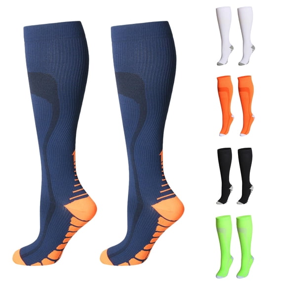 Zijinkuiwen Women Knee High Compression Socks Cushioned Arch Support Breathable Moisture Wicking Stretchy Athletic Socks for Running Travel Wear,Navy,L