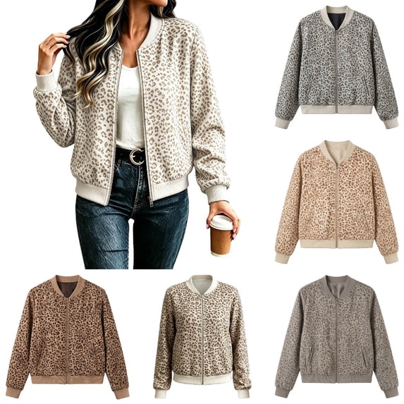 Zijinkuiwen Women Leopard Print Bomber Jacket Zip Up Long Sleeve Ribbed Cuffs Outerwear for Casual Daily Wear