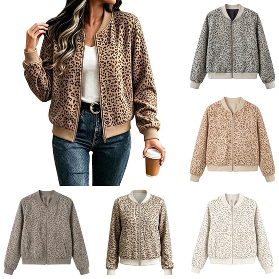 Zijinkuiwen Women Leopard Print Bomber Jacket Zip Up Long Sleeve Ribbed Cuffs Outerwear for Casual Daily Wear