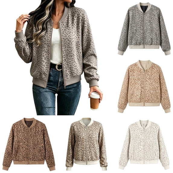 Zijinkuiwen Women Leopard Print Bomber Jacket Zip Up Long Sleeve Ribbed Cuffs Outerwear for Casual Daily Wear