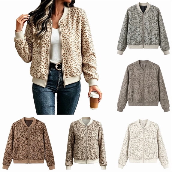 Zijinkuiwen Women Leopard Print Bomber Jacket Zip Up Long Sleeve Ribbed Cuffs Outerwear for Casual Daily Wear