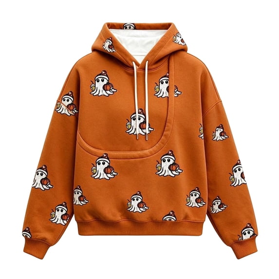 Zijinkuiwen Women Oversized Fleece Hoodie with Pet Pocket Cute Ghost Pumpkin Hat All Over Print Pullover for Halloween Fall Casual Daily Wear,S