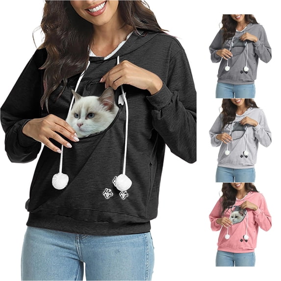 Zijinkuiwen Women Pet Pouch Hoodie Soft Drawstring Long Sleeve Pullover Sweatshirt for Small Cats Kittens Daily Wear Outdoor Walking Travel,Black,XXL