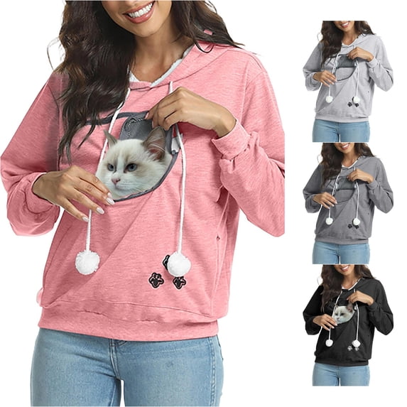 Zijinkuiwen Women Pet Pouch Hoodie Soft Drawstring Long Sleeve Pullover Sweatshirt for Small Cats Kittens Daily Wear Outdoor Walking Travel,Pink,L