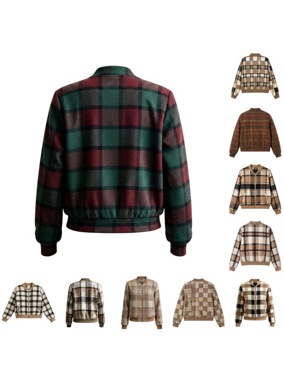 Women Plaid Print Bomber Jacket Zip Up Long Sleeve Ribbed Trim Outerwear for Casual Daily Outing