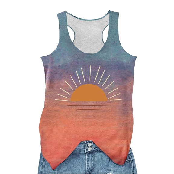 Zijinkuiwen Women Racerback Tank Top Round Neck Wide Strap Retro Sunrise Graphic Print Loose Fit Sleeveless Cami for Summer Beach Daily Casual Wear