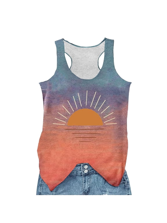 Women Racerback Tank Top Round Neck Wide Strap Retro Sunrise Graphic Print Loose Fit Sleeveless Cami for Summer Beach Daily Casual Wear