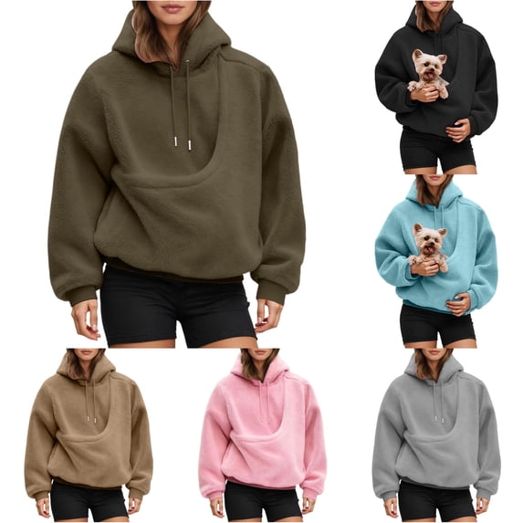 Zijinkuiwen Women Sherpa Pet Pouch Hoodie Soft Drawstring Long Sleeve Pullover Sweatshirt for Small Dogs Puppies Daily Wear Outdoor Walking Travel,Bronze,S