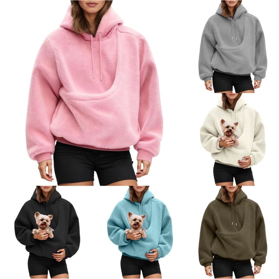 Zijinkuiwen Women Sherpa Pet Pouch Hoodie Soft Drawstring Long Sleeve Pullover Sweatshirt for Small Dogs Puppies Daily Wear Outdoor Walking Travel,Pink,XXL