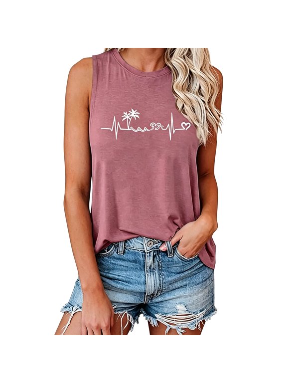 Women Sleeveless Tank Top Crew Neck Beach Heartbeat Palm Tree Wave Print Loose Casual Vest for Summer Daily Outdoor Wear
