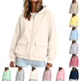 thumbnail image 1 of Zijinkuiwen Women Solid Full Zip Up Hoodie with Dual Flap Pockets Long Sleeve Drop Shoulder Loose Relaxed Fit for Everyday Daily Casual Outfit,3XL, 1 of 4