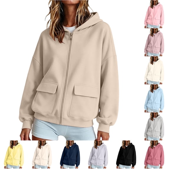 Zijinkuiwen Women Solid Full Zip Up Hoodie with Dual Flap Pockets Long Sleeve Drop Shoulder Loose Relaxed Fit for Everyday Daily Casual Outfit,4XL