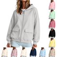thumbnail image 1 of Zijinkuiwen Women Solid Full Zip Up Hoodie with Dual Flap Pockets Long Sleeve Drop Shoulder Loose Relaxed Fit for Everyday Daily Casual Outfit,4XL, 1 of 4
