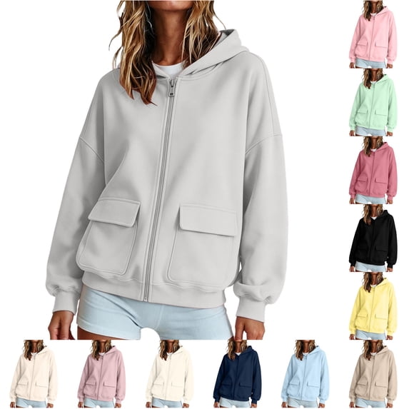 Zijinkuiwen Women Solid Full Zip Up Hoodie with Dual Flap Pockets Long Sleeve Drop Shoulder Loose Relaxed Fit for Everyday Daily Casual Outfit,4XL