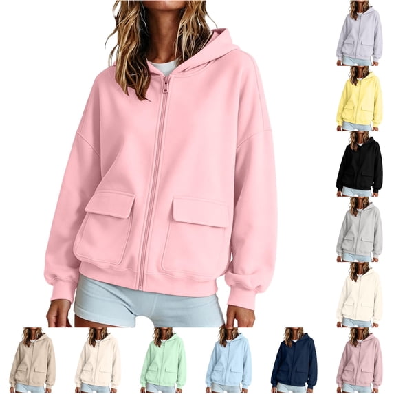 Zijinkuiwen Women Solid Full Zip Up Hoodie with Dual Flap Pockets Long Sleeve Drop Shoulder Loose Relaxed Fit for Everyday Daily Casual Outfit,L