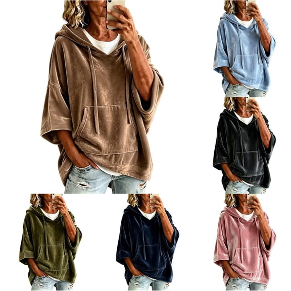 Zijinkuiwen Women Velvet 3/4 Sleeve Pullover Hoodie with Drawstring Kangaroo Pocket Oversized Loose Fit for Everyday Daily Casual Outfit,L