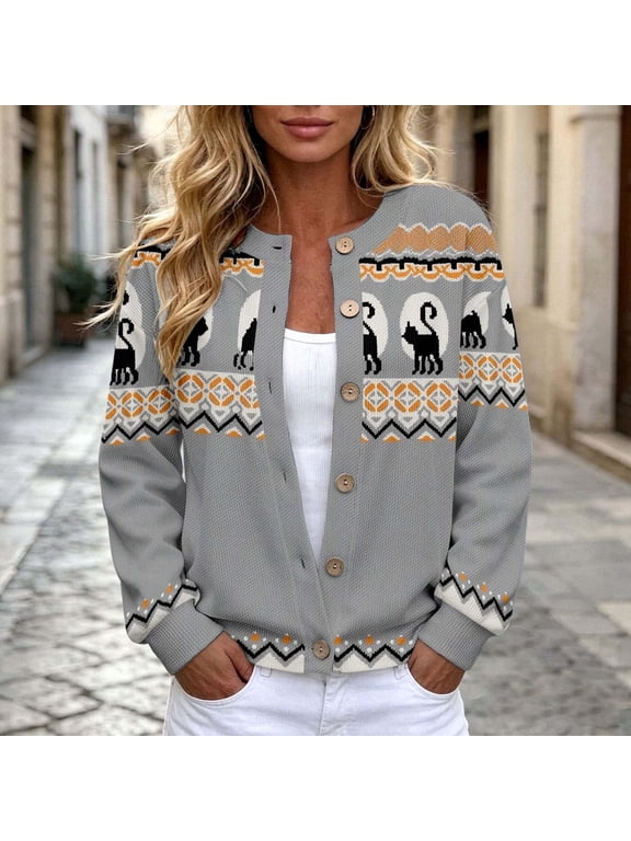 Women's Cat Print Fair Isle Knit Cardigan Round Neck Long Sleeve Button Front Sweater for Fall Winter Casual Wear