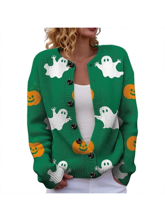 Women's Crew Neck Long Sleeve Halloween Ghost Pumpkin Print Button Knit Cardigan Sweater for Fall Holiday Casual Wear