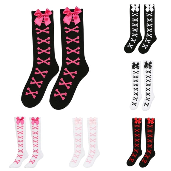 Zijinkuiwen Women's Knee High Bow Decor Pattern Socks Stretchy Novelty Style Socks for Cosplay Party Gothic Daily Fashion Outfits,Hot Pink1,One Size
