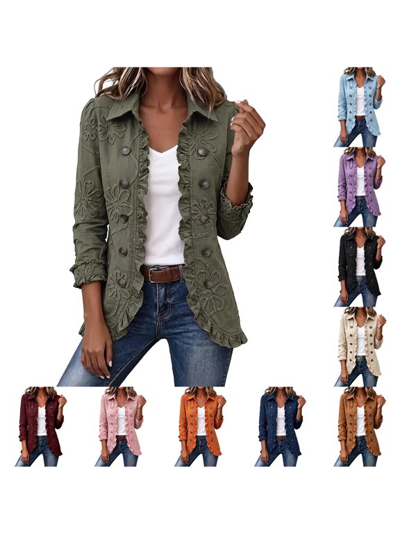 Women's Lapel Floral Embroidery Ruffled Double Button Front Jacket Long Sleeve Slim Outerwear for Daily Casual Wear