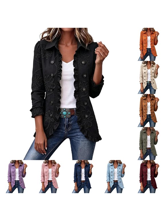 Women's Lapel Floral Embroidery Ruffled Double Button Front Jacket Long Sleeve Slim Outerwear for Daily Casual Wear