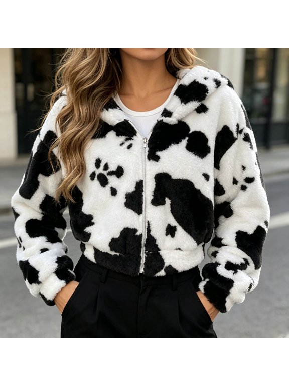 Women's Long Sleeve Cow Print Fleece Hooded Zip Up Cropped Jacket for Fall Winter Casual Wear