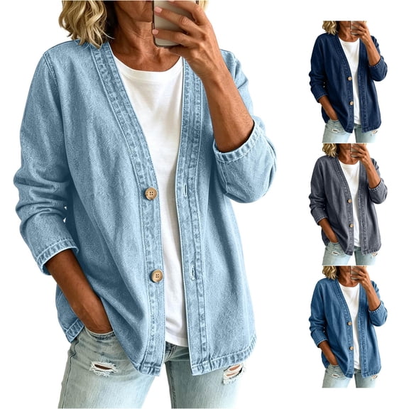 Zijinkuiwen Women's V Neck Long Sleeve Button Front Denim Jacket for Spring Fall Casual Daily Layering Wear