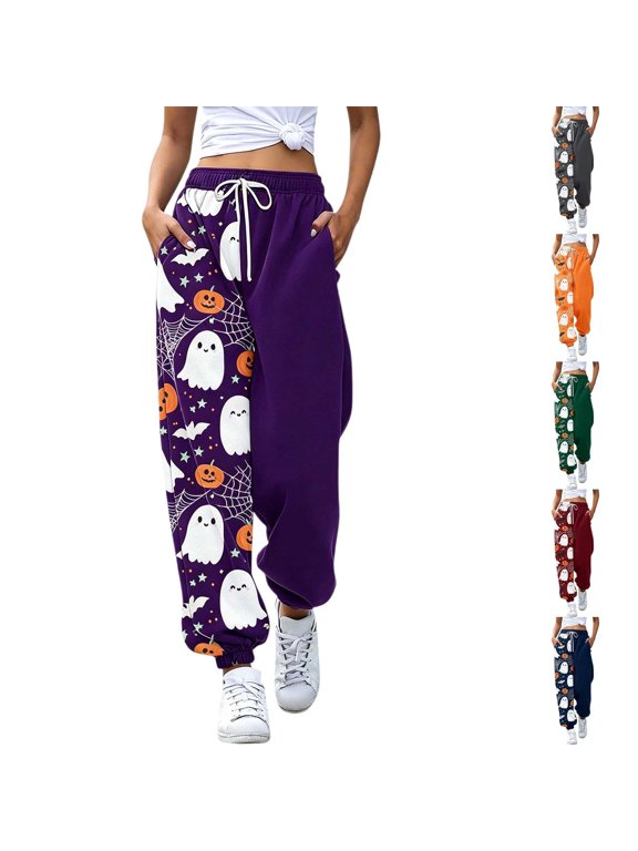 Womens Jogger Pants with Ghost Pumpkin Bat Spider Web Print Elastic Waist Drawstring Side Pockets Hem Sweatpants for Halloween Party Casual Daily Wear