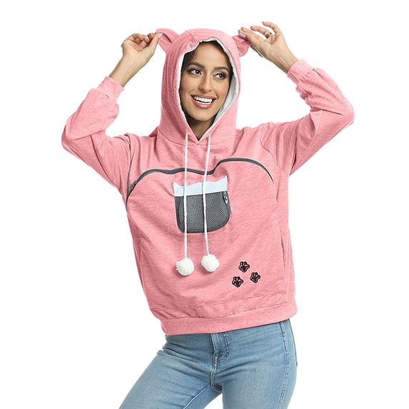Zijinkuiwen Womens Pet Carrier Hoodie Long Sleeve Pom Pom Drawstring Paw Print Hooded Sweatshirt for Pet Lover Daily Wear