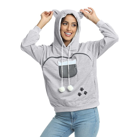 Zijinkuiwen Womens Pet Carrier Hoodie Long Sleeve Pom Pom Drawstring Paw Print Hooded Sweatshirt for Pet Lover Daily Wear