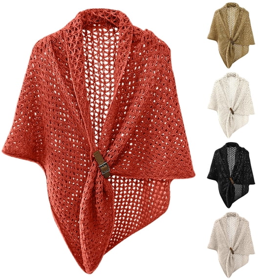 Zijinkuiwen Womens Shawl Open Knit Hollow Out Buckle Closure Lightweight Wrap for Daily Wear and Evening Occasions,Red,One Size